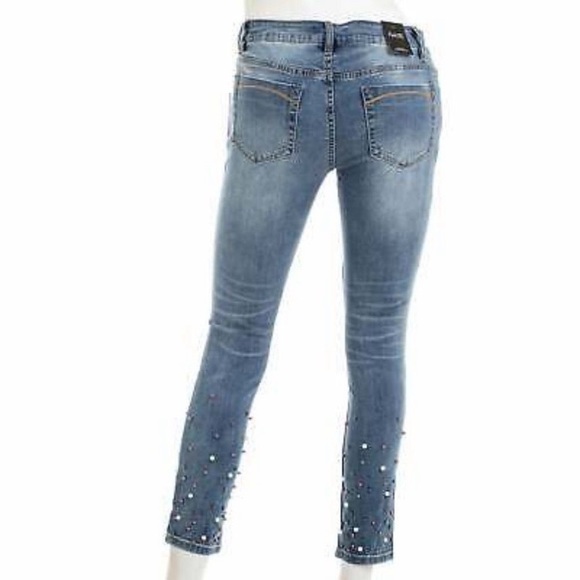 NANETTE LEPORE Hamilton Mid Rise Skinny Crop Blue Jeans Pearl Embellished Size 2 - Picture 2 of 5